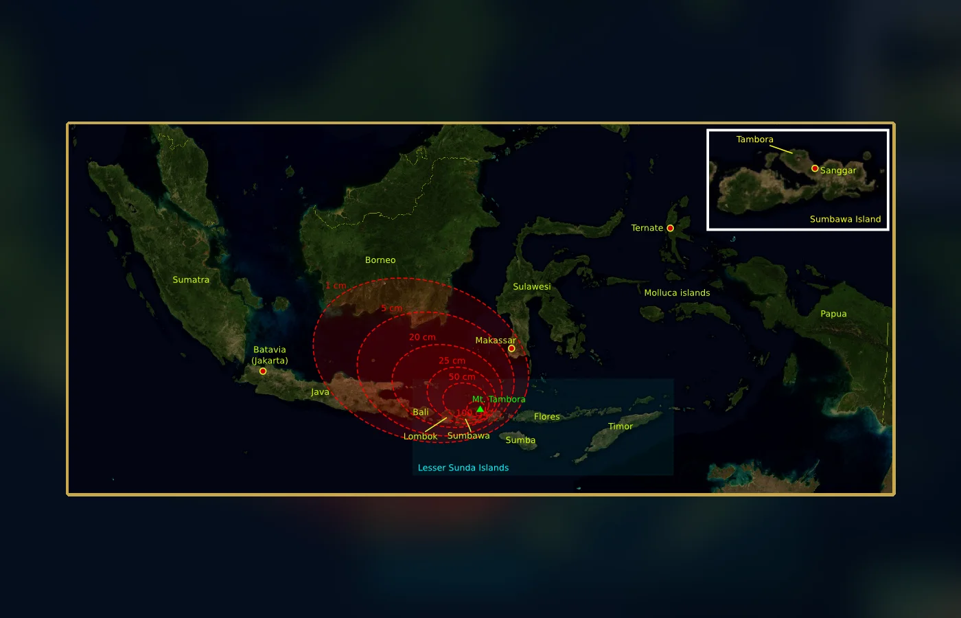 An educational reconstruction of the 1815 Tambora eruption plume and regional ash fall