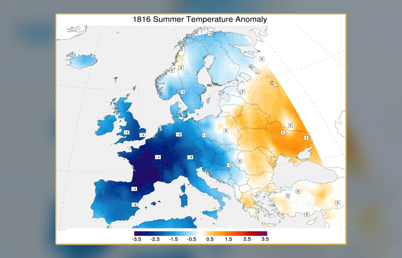 A chart of temperature anomalies associated with the summer of 1816